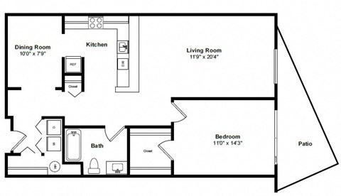 Floor plan for 1 bed, 1 bath, 916 sqft